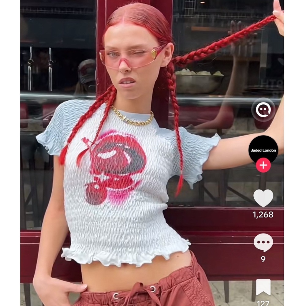 Jaded London White Ruched Short Sleeve Tee with Pink and Red Graphic